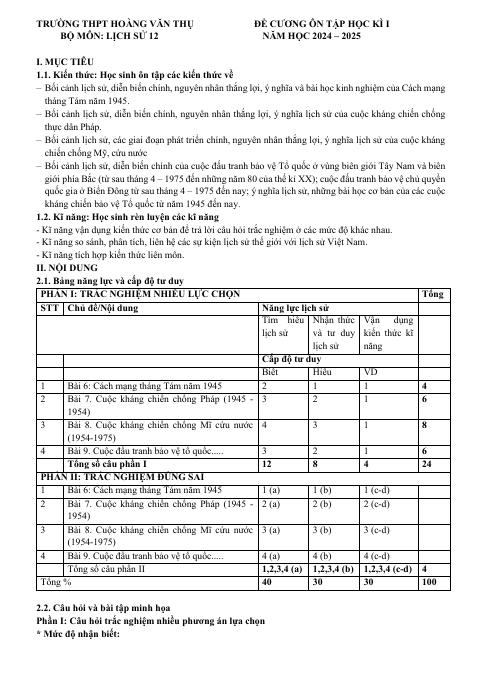 Đề cương ôn tập Học kì 1 Lịch sử 12 năm 2024–2025 trường THPT Hoàng Văn Thụ (Hà Nội)